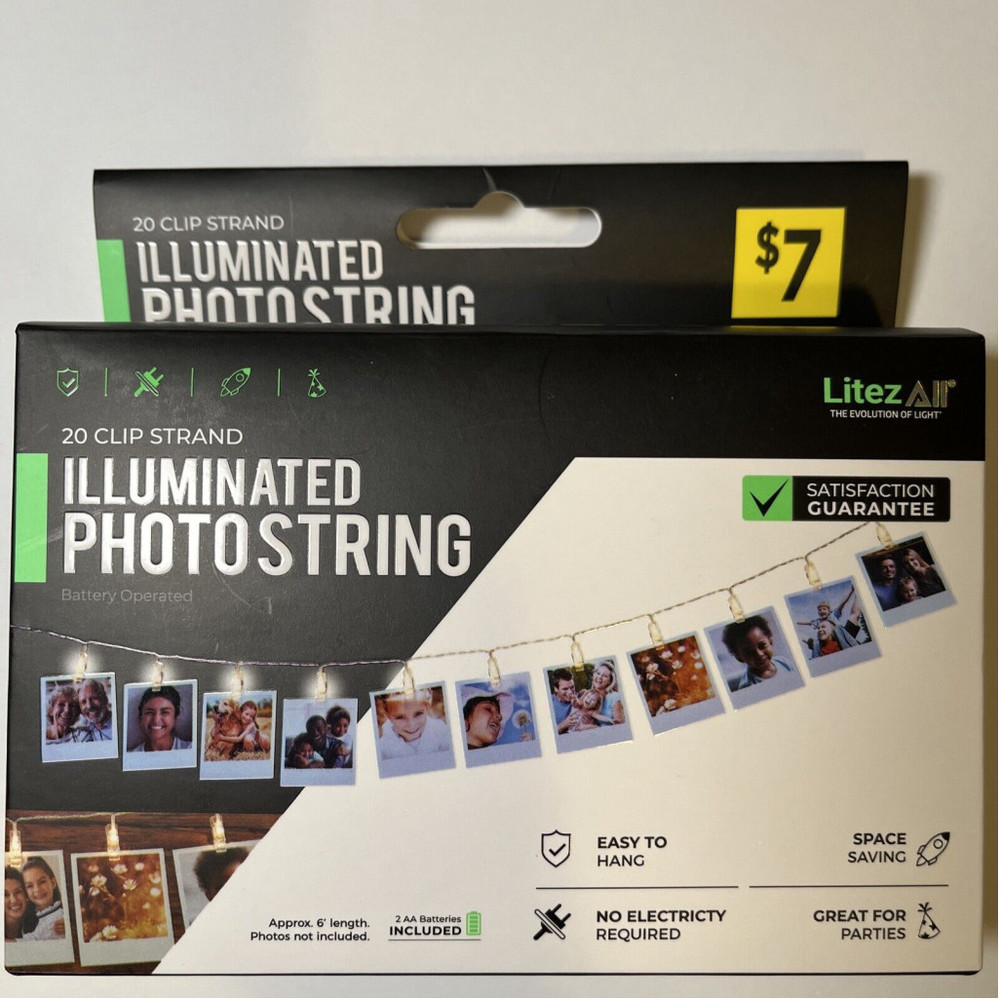 LitezAll Illuminated Photostring 20ct LED Lighted Photo Clips ~New